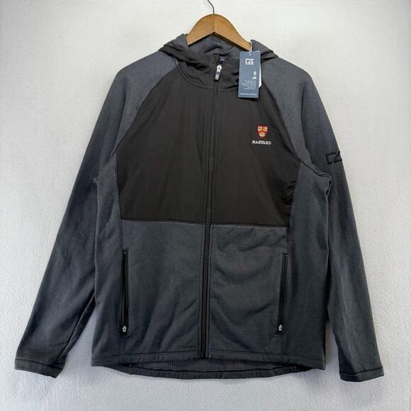 Harvard University Jacket Mens Medium Black Gray Full Zip Hooded Grid Fleece NEW - Picture 2 of 9